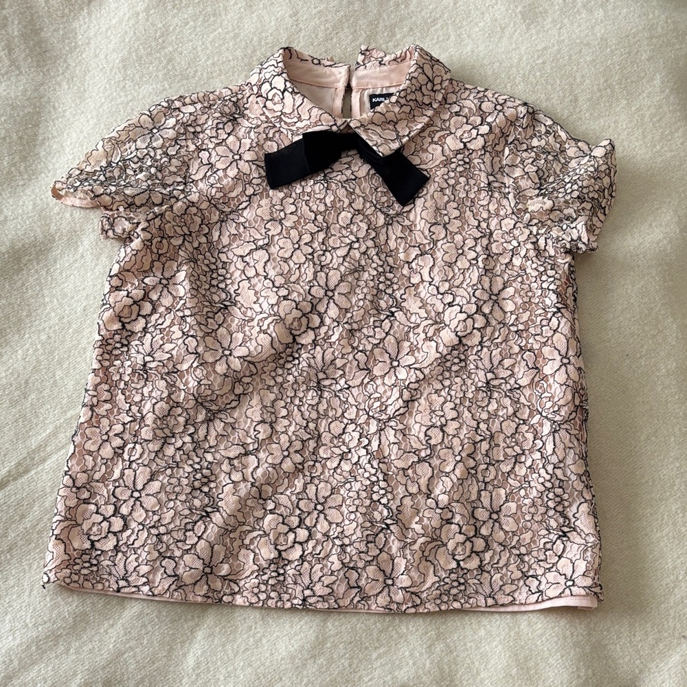 Karl Lagerfeld Pink Floral Lace Blouse with Black Bow